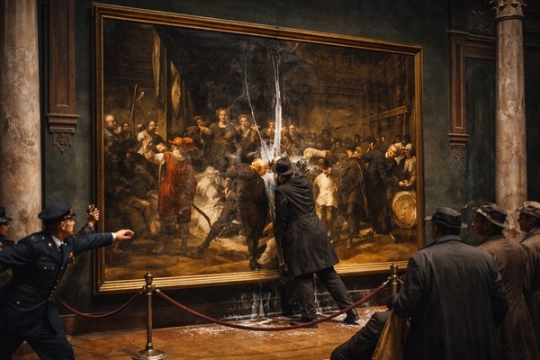 13. janvāris vēsturē: Rembranta slavenā glezna «Nakts sardze» piedzīvo vandaļu uzbrukumu