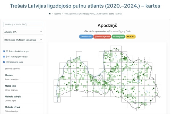 Kartēs apkopoti dati par Latvijā ligzdojošām un ziemojošām putnu sugām