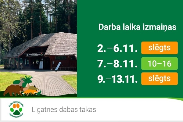 Novembra pirmajā pusē Līgatnes dabas takas darba dienās būs slēgtas; apmeklētāji aicināti ciemos nedēļas nogalē